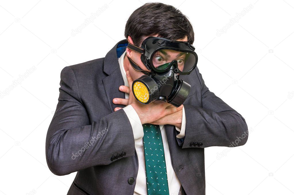 Businessman with gas mask can not breathe bad air