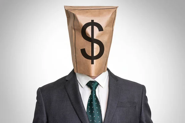 Geschäftsmann mit Tasche auf dem Kopf - mit Dollarzeichen — Stockfoto