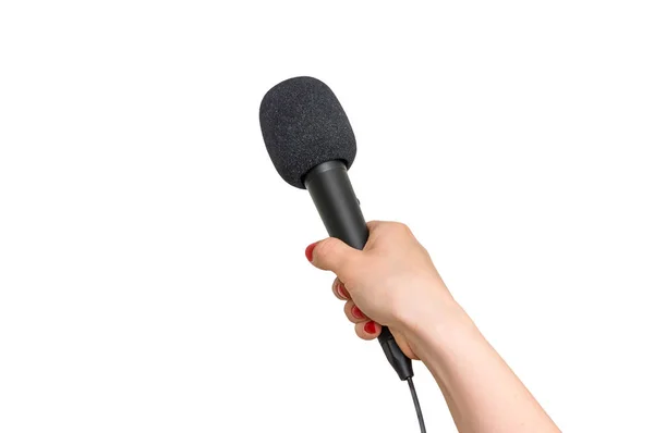 Χέρι του ρεπόρτερ με μαύρο μικρόφωνο που απομονώνονται σε λευκό — Φωτογραφία Αρχείου