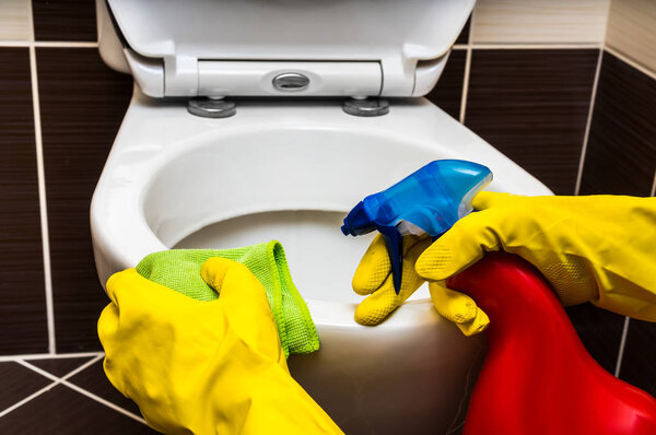 Woman is cleaning toilet bowl with a rag and disinfectant