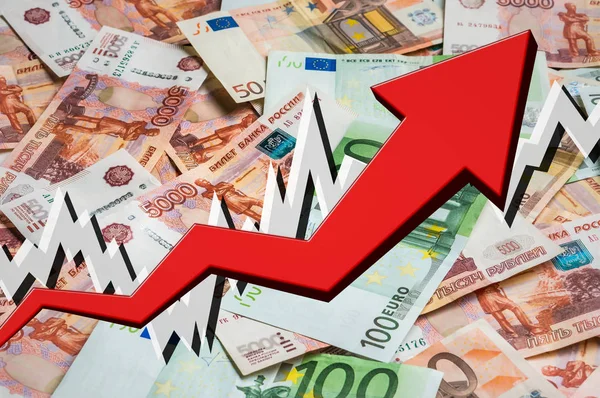 Groeiende pijl met Russisch en euro geld achtergrond — Stockfoto