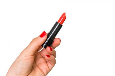 El ile üzerine beyaz izole kırmızı ruj