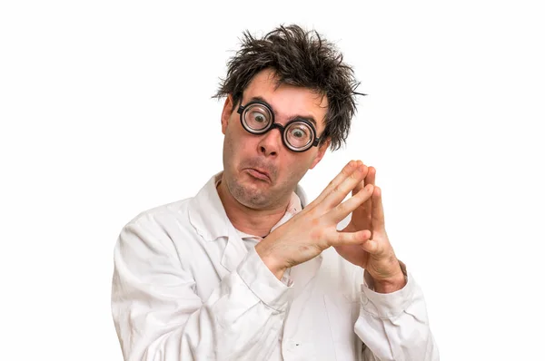 Божевільний вчений в окулярах думає про свій експеримент — стокове фото