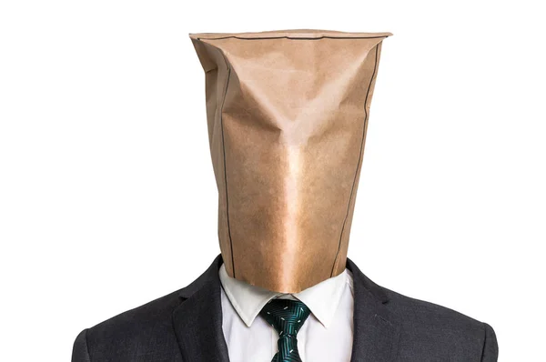 Бізнесмен з чистим паперовим мішком на голові — стокове фото