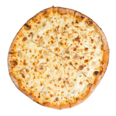 Quattro Formaggi beyaz izole pizza Üstten Görünüm