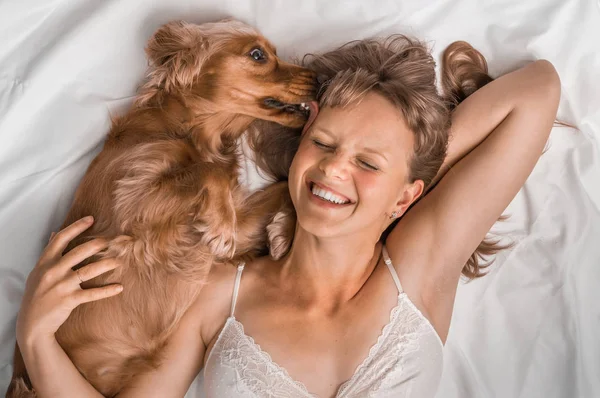 Visão superior da mulher e seu cão deitados juntos na cama — Fotografia de Stock