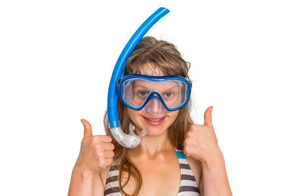 Vrouw met snorkelen masker om te duiken op wit wordt geïsoleerd — Stockfoto