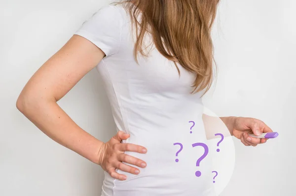 Woman with imagination of a pregnant belly - infertility concept — Stock Photo, Image