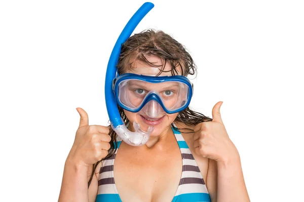 Vrouw met snorkelen masker om te duiken op wit wordt geïsoleerd — Stockfoto