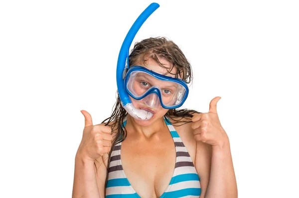 Vrouw met snorkelen masker om te duiken op wit wordt geïsoleerd — Stockfoto