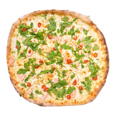 Pizza Al Salmone Fresco beyaz izole Üstten Görünüm