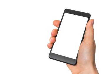 Kadın elinde boş beyaz ekran ile mobil cep telefonu