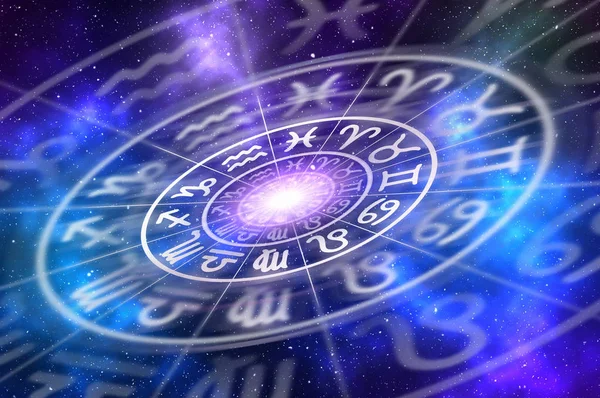 Segni zodiacali all'interno del cerchio oroscopo sullo sfondo dell'universo — Foto Stock