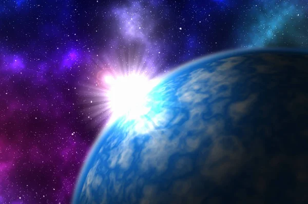 Восход солнца над голубой планетой в глубоком космосе со звездами — стоковое фото