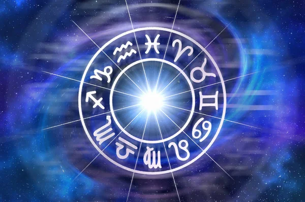 Zodiac signs inside of horoscope circle on universe background