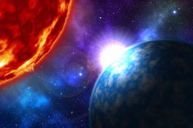 Derin uzay yıldız ile mavi gezegen üzerinde gündoğumu