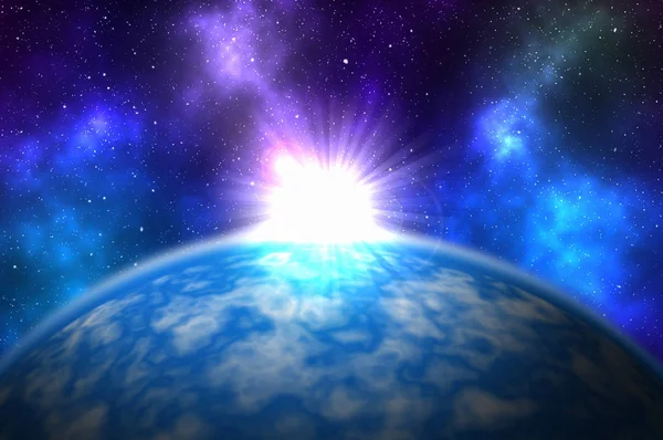 Ανατολή ηλίου πάνω από το μπλε πλανήτη στο βαθύ διάστημα με αστέρια — Φωτογραφία Αρχείου