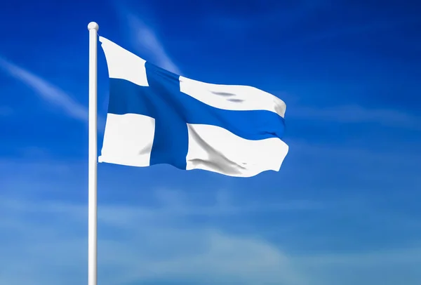 Bandeira da Finlândia acenando no fundo do céu azul — Fotografia de Stock