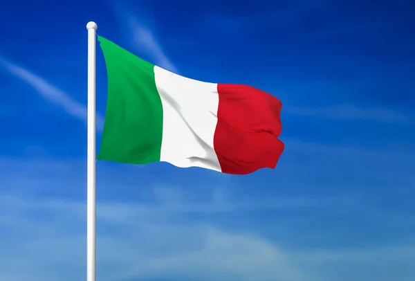 Viftande flagga av Italien på blå himmel bakgrund — Stockfoto