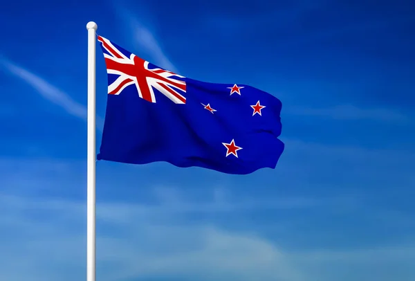 Nya Zeelands viftande flagga på blå himmel bakgrund — Stockfoto