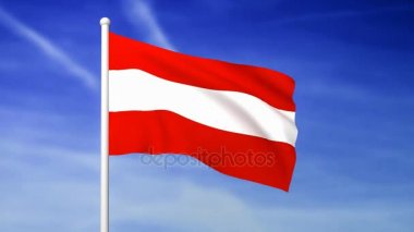 Mavi gökyüzü arka plan - 3d render Avusturya bayrağı sallayarak