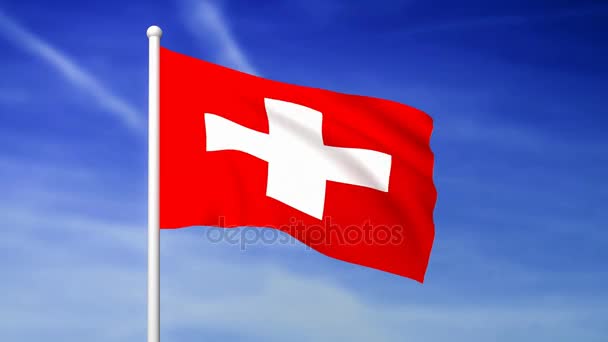 Ondeando Bandera Suiza Sobre Fondo Azul Del Cielo Renderizado — Vídeos de Stock