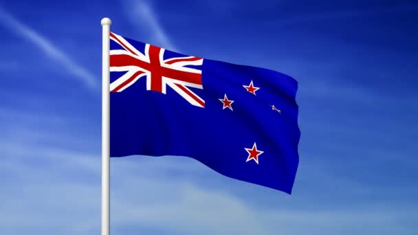 Waving Flag New Zealand Blue Sky Background Rendered — Stock Video