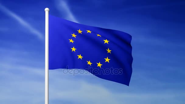 Κουνώντας Σημαία Της Ευρωπαϊκής Ένωσης Φόντο Μπλε Του Ουρανού Τετηγμένα — Αρχείο Βίντεο