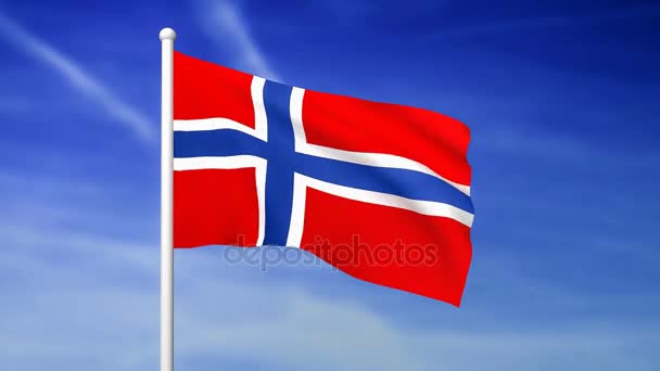 Mavi Gökyüzü Arka Plan Render Norveç Bayrağı Sallayarak — Stok video