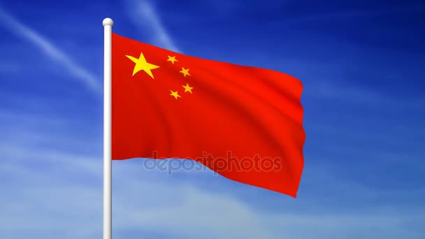 Ondeando Bandera China Sobre Fondo Azul Del Cielo Renderizado — Vídeos de Stock
