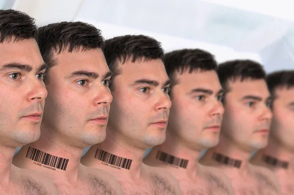 Mnoho mužů v řadě s čárovým kódem - genetický klon koncept — Stock fotografie