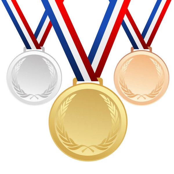 Set of gold, silver and bronze medals with ribbons