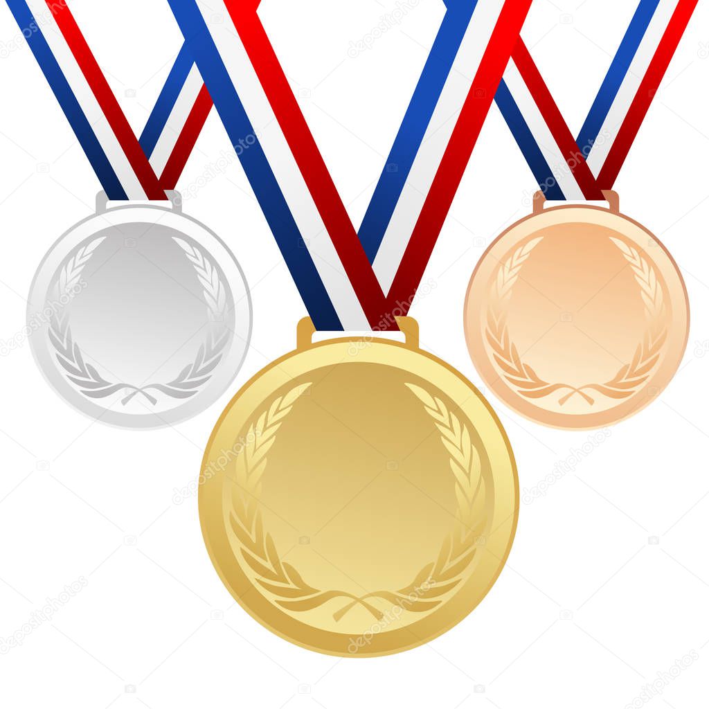 Set of gold, silver and bronze medals with ribbons