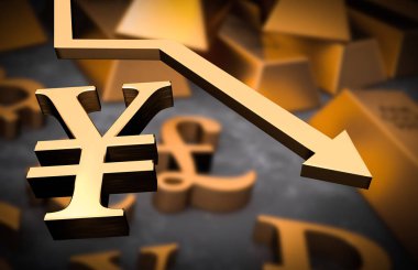 Altın yen sembolü ve altın ok aşağı