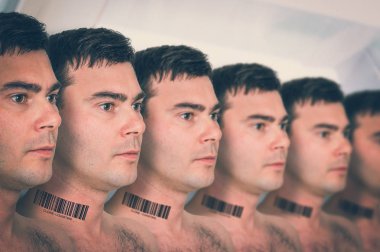 A lot of men in a row with barcode - genetic clone concept clipart