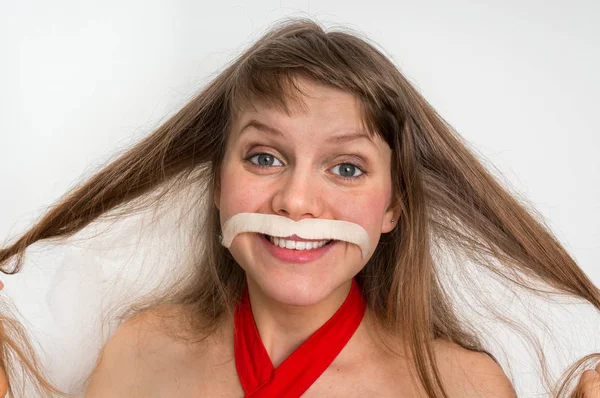 Atractiva mujer divertida con bigote — Foto de Stock