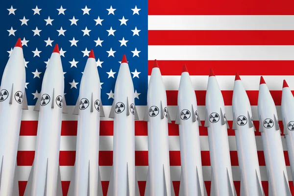 Nuclear missiles in a row and flag of USA — Stock Photo, Image