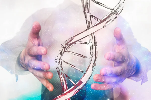 Человек со сломанной молекулой ДНК между рук — стоковое фото