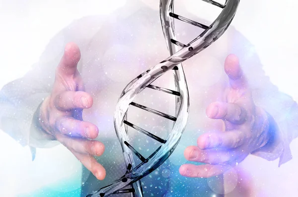 Uomo con molecola di DNA tra le mani — Foto Stock