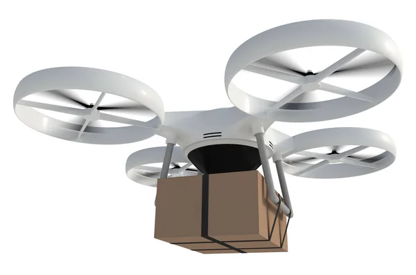 Drone üzerinde beyaz izole karton kutu paket teslim — Stok fotoğraf