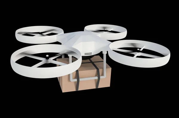 Drone is delivering carton box package isolated on black — Stock Photo, Image