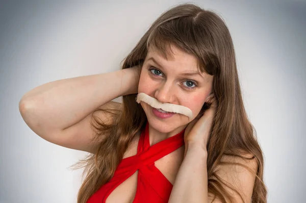Mulher engraçada atraente com bigode — Fotografia de Stock