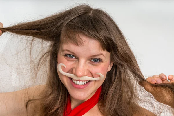Mulher engraçada atraente com bigode — Fotografia de Stock