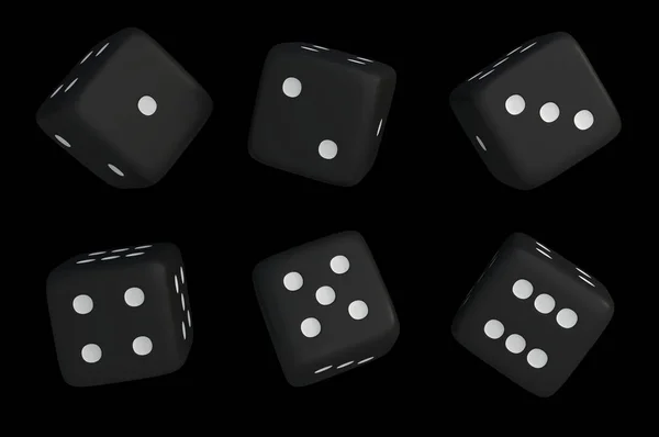 Набор черных кубиков с белыми точками, изолированными на черном — стоковое фото