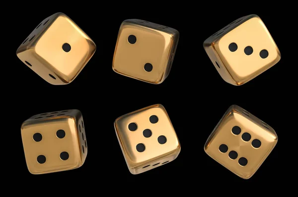 Set of golden dice with black dots isolated on black background