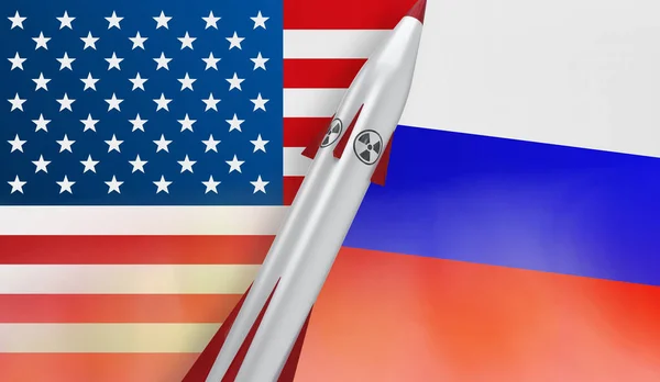 Missile nucleare degli Stati Uniti e della Russia sullo sfondo delle bandiere — Foto Stock