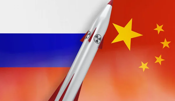 Πυρηνικός πύραυλος Ρωσίας και Κίνας σε φόντο σημαιών — Φωτογραφία Αρχείου