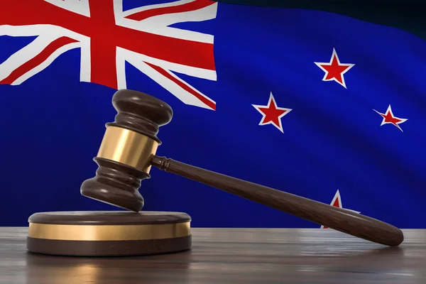 Justiça na Nova Zelândia. Martelo de madeira em escritório de advogado . — Fotografia de Stock