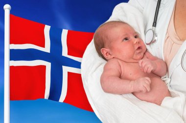 Birth rate in Norway. Newborn baby in hands of doctor. clipart