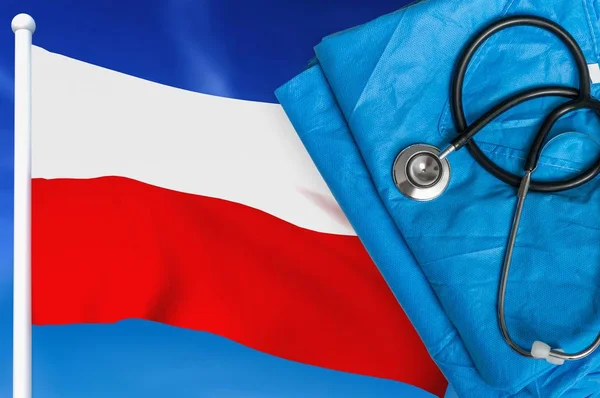 Zdravotní péče v Polsku. Stetoskop a lékařská uniforma. — Stock fotografie
